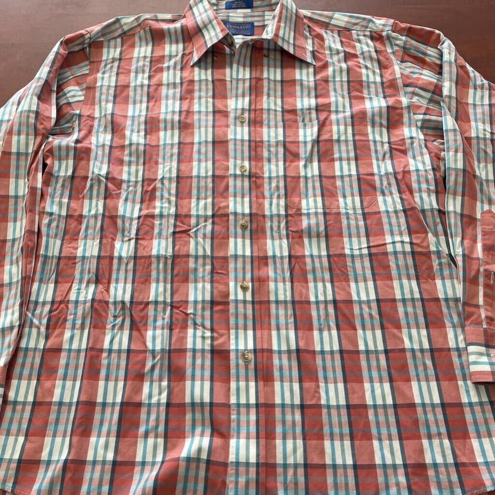 Pendleton Mens Button Down Shirt Red Blue Plaid Long Sleeve Pocket 100% Cotton L